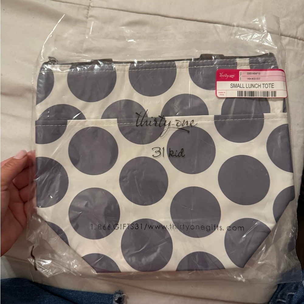Thirty-One Small Lunch Tote with Gray Polka Dots